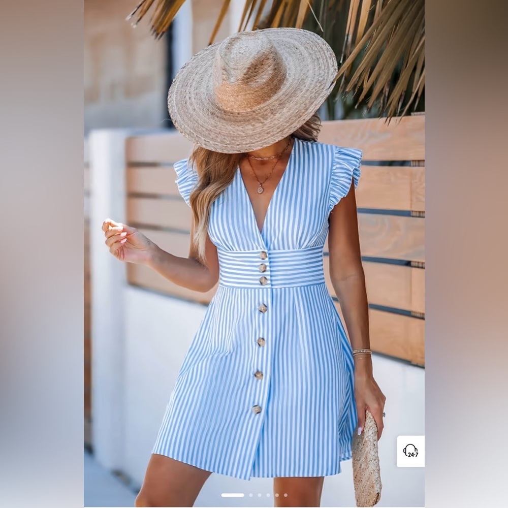 Cupshe Blue Striped V-Neck Flutter Sleeve Mini Dress NWT - Picture 2 of 13